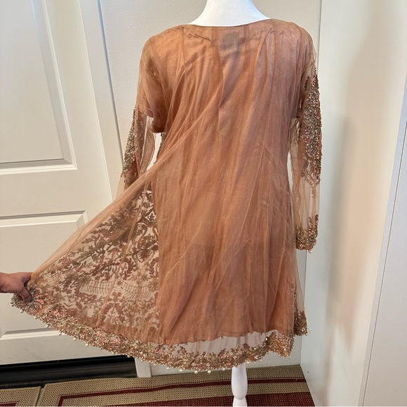 Peach Tan Embroidered 3-Piece Salwar Kameez with Net Dupatta - Picture 8 of 13
